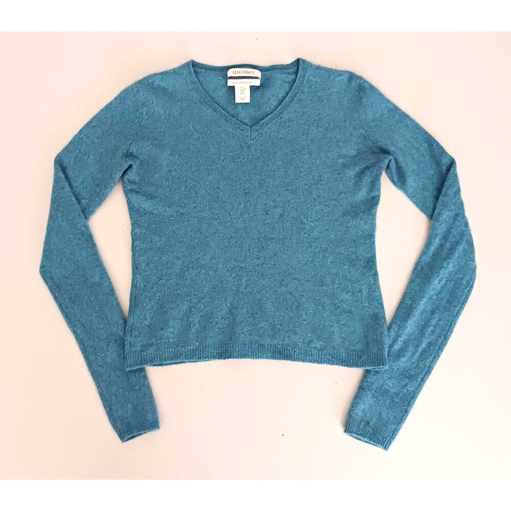Ellen Tracy 100% Cashmere Blue V Neck Pullover Sweater Sz M